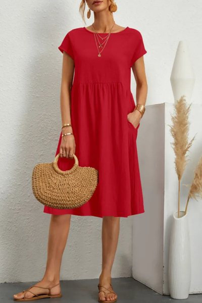 Melanie - Casual Solid Patchwork Dress with O-Neck and Short A-Line Sleeves