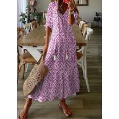 Delia - Women's Dresses Long V-neck Half Sleeve Dress with Beard Print