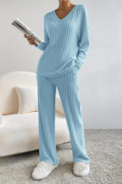 V-neck ribbed top and pants set