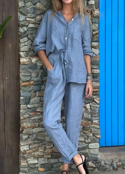 Michelle - Casual Two-Piece Cotton Linen V-Neck Top and Solid Color V-Neck Shirt Set
