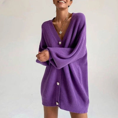 Women's Oversized Cardigan with Heart Buttons: Warm Knitted Sweater for Fall and Winter