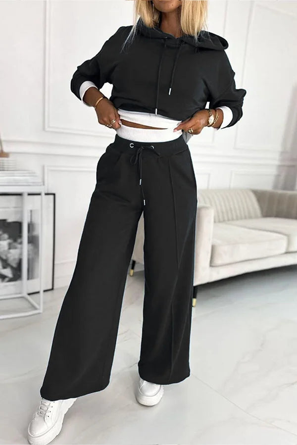 Patchwork Hoodie and Elastic Waist Wide Leg Pants with Pockets Set