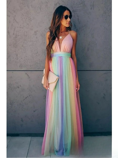Women's loose long dress with elegant deep neckline