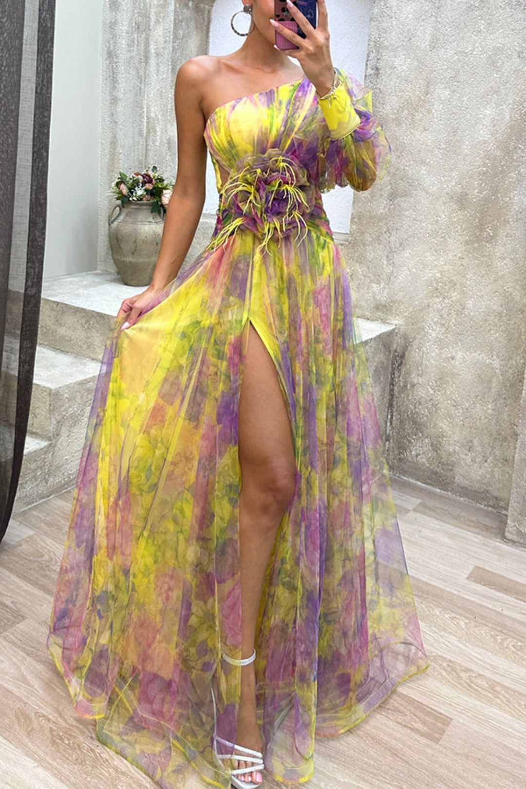 Janie - Elegant One-Sleeve Floral Print Dress