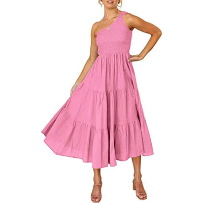 Simply Charmed Asymmetrical Off-the-Shoulder Midi Dress with Pockets