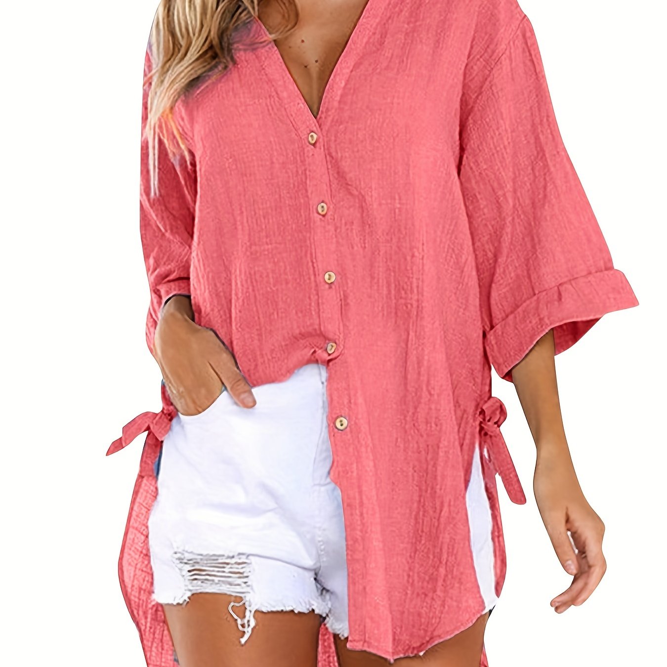 Emma - Casual Solid Color Short Sleeve Neckline Blouse