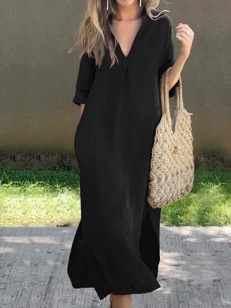 Vicky - Women's Solid Color V-Neck Pocket Linen Dress