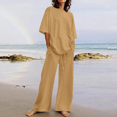 Frida - Casual Set with Belt and Pockets, Half-Sleeve Round Neck Top and Wide-Leg Pants