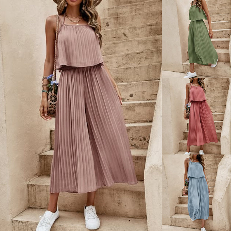 Loose summer set with thin strap top and long pleated skirt