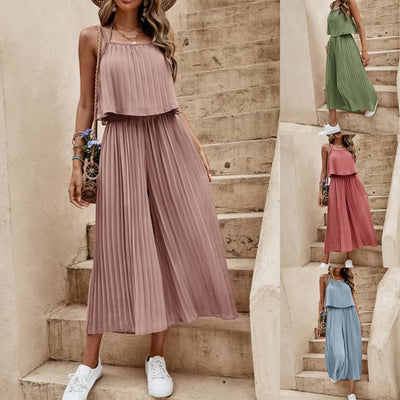 Loose summer set with thin strap top and long pleated skirt