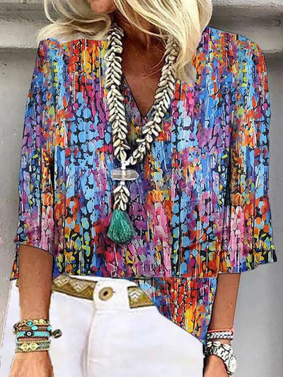Diana - Women's 3/4 Sleeve V-Neck Abstract Floral Colorful Summer Blouse