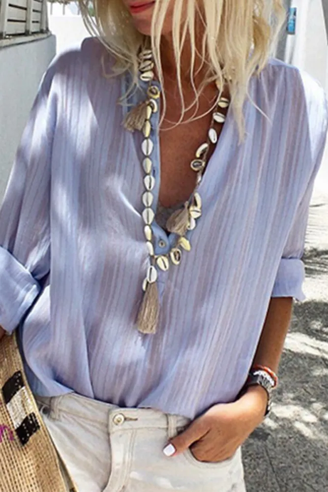 Janna - Striped Button-Down V-Neck Tops by Street