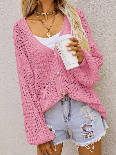 Button-front cardigan with openwork print