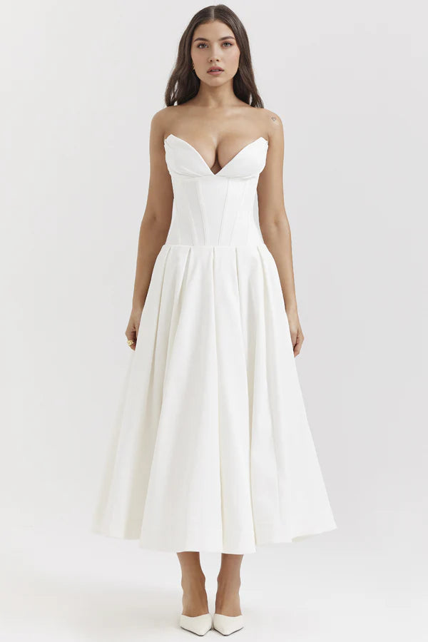 Elegant strapless midi dress with corset detail
