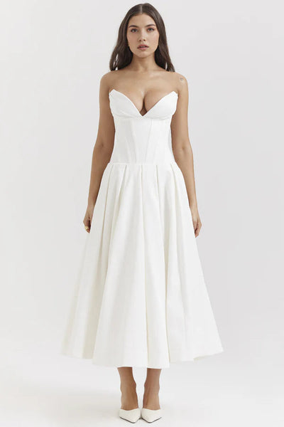Elegant strapless midi dress with corset detail