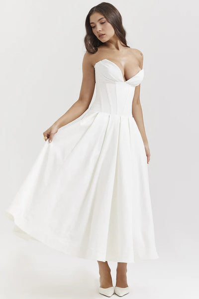 Elegant strapless midi dress with corset detail