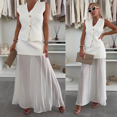 Elegant women's set with a long pleated skirt and a buttoned vest