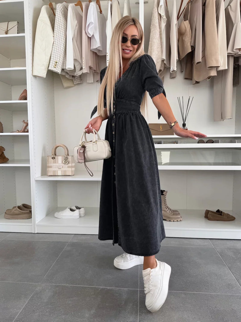 Modern long dress with buttons and short sleeves