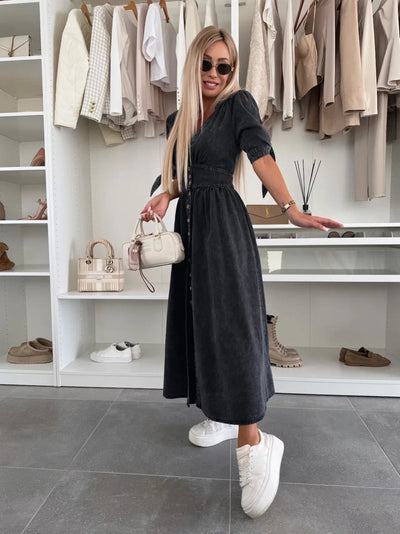 Modern long dress with buttons and short sleeves