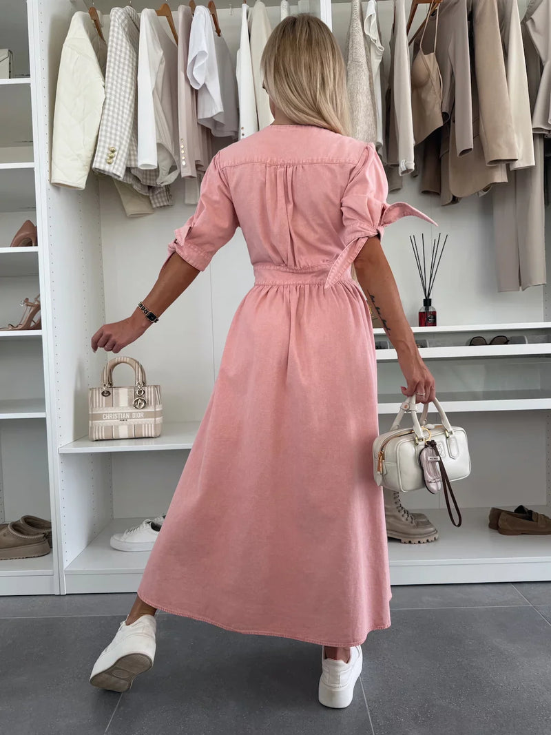 Modern long dress with buttons and short sleeves