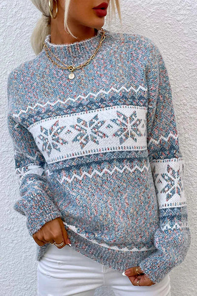 Contrast collar sweater with snow print for winter walks