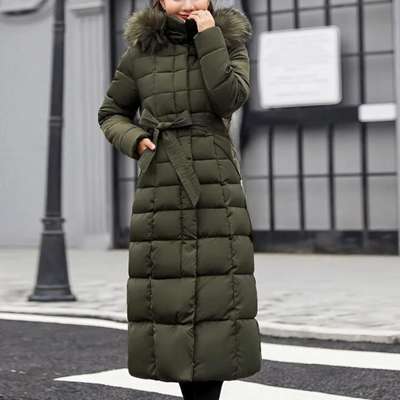 Women's warm long jacket with hood and modern design