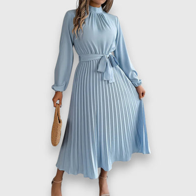 Casual midi dress with pleated skirt, belt, and long sleeves