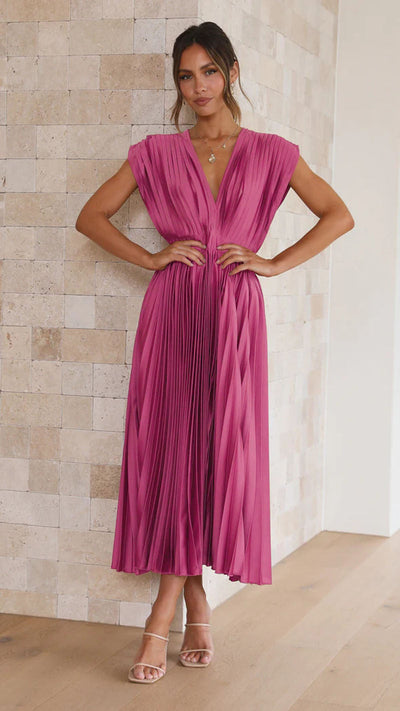 Elegant pleated long dress with a V-neckline for special occasions