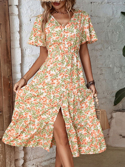 Lara - Ladies' button-down dress with slit and floral print