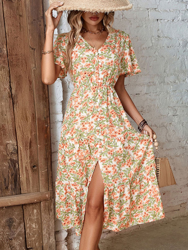 Lara - Ladies' button-down dress with slit and floral print
