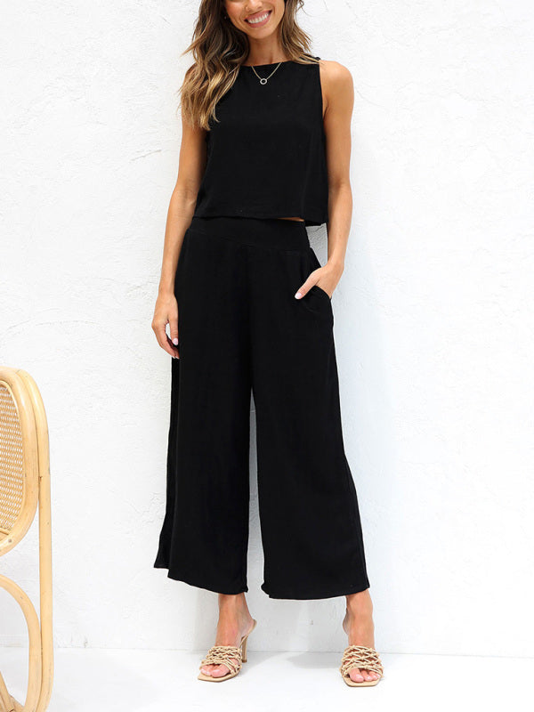 Karol - Sleeveless button-down vest and cropped cotton and linen wide-legged pants set