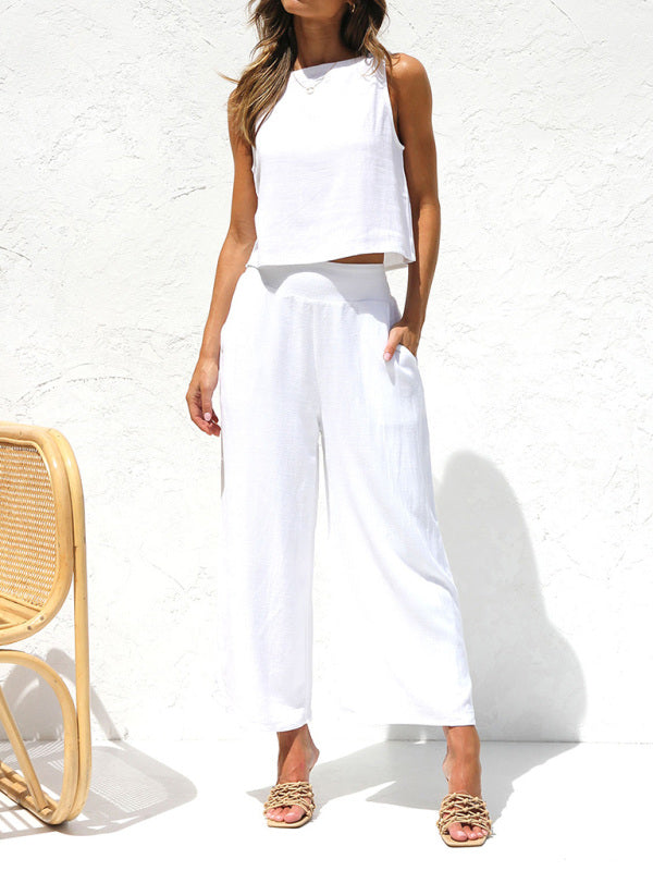 Karol - Sleeveless button-down vest and cropped cotton and linen wide-legged pants set