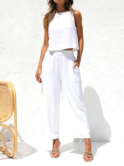 Karol - Sleeveless button-down vest and cropped cotton and linen wide-legged pants set