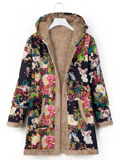 Women's hooded coat with pockets: comfort and style with a print