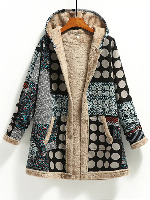 Women's hooded coat with pockets: comfort and style with a print