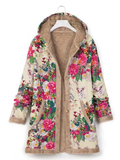 Women's hooded coat with pockets: comfort and style with a print