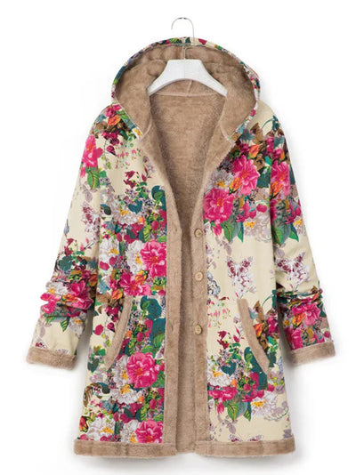 Women's hooded coat with pockets: comfort and style with a print