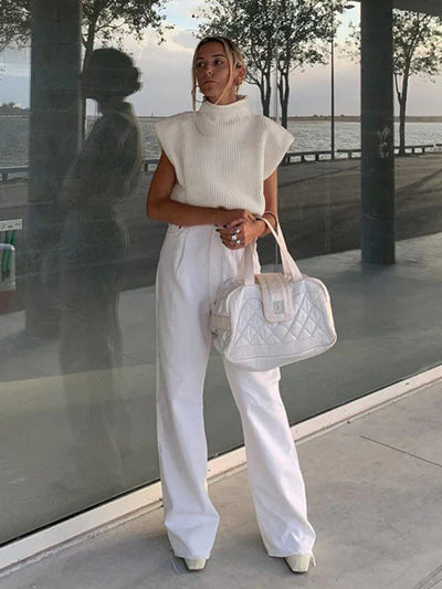 Yanira - New solid color turtleneck sweater with short sleeves