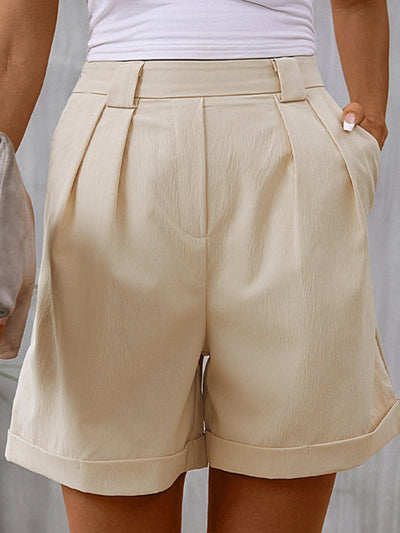 Helena - Women's Casual Simple Solid Color Suit Shorts with Rolled Hem and High Waist