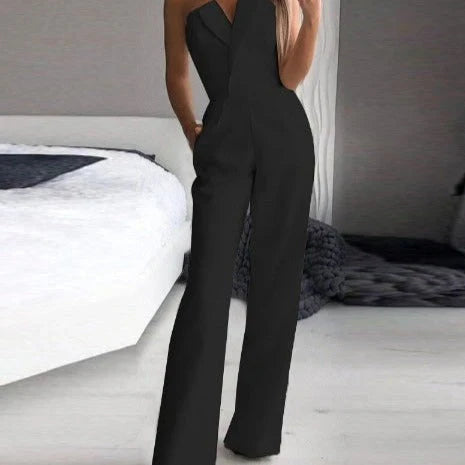 Elegant classic-cut jumpsuit with a V-neckline and sleeveless wide-legged trousers