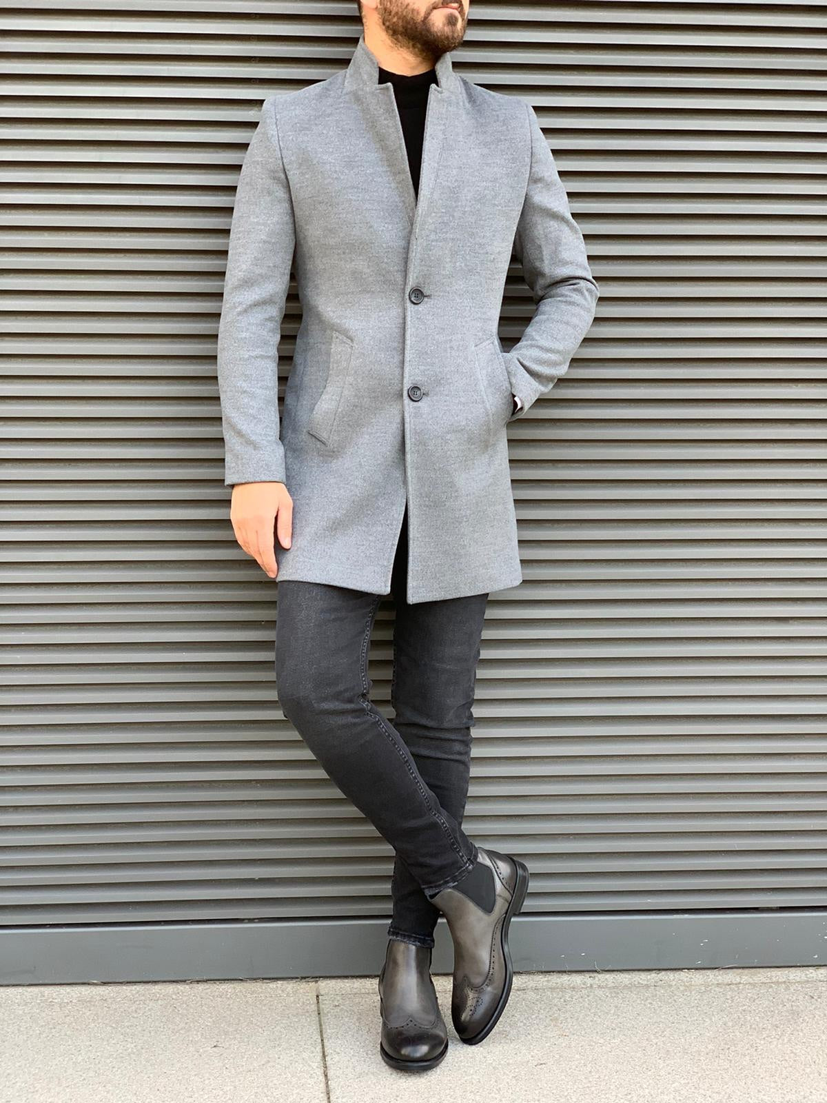 Men's Slim Fit Long Grey Coat - Modern Winter Style