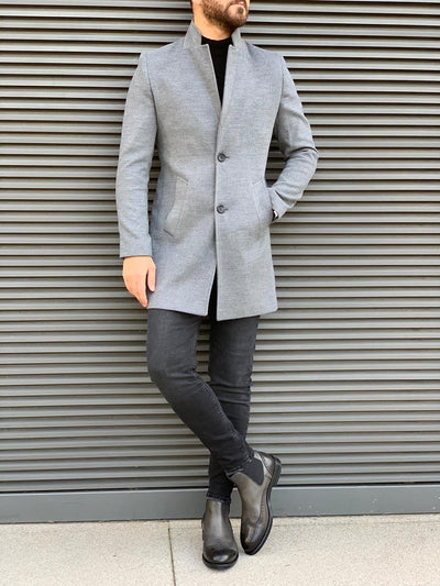 Men's Slim Fit Long Grey Coat - Modern Winter Style