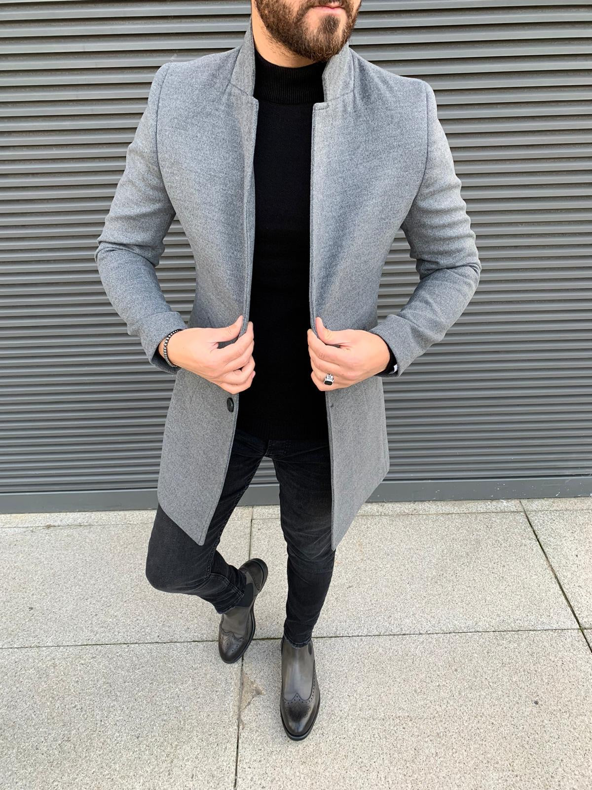 Men's Slim Fit Long Grey Coat - Modern Winter Style