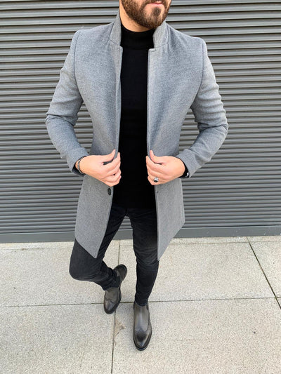 Men's Slim Fit Long Grey Coat - Modern Winter Style