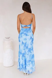 Long printed dress with thin straps and open back