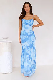 Long printed dress with thin straps and open back