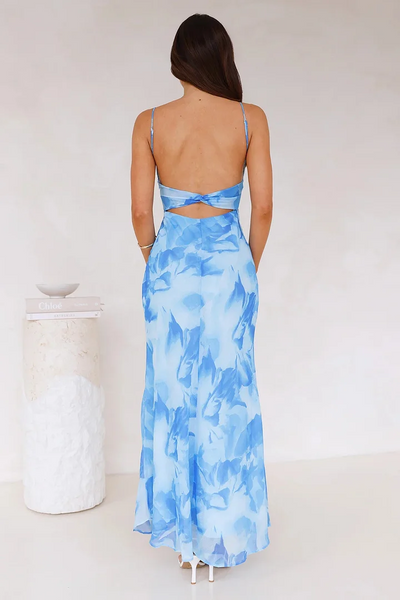 Long printed dress with thin straps and open back