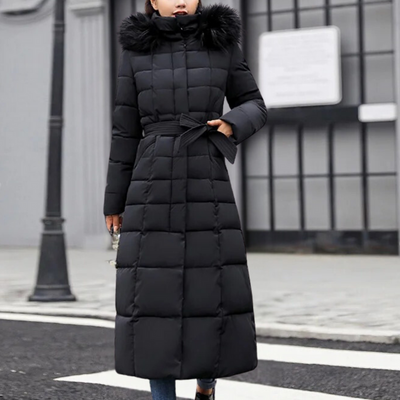Women's warm long jacket with hood and modern design