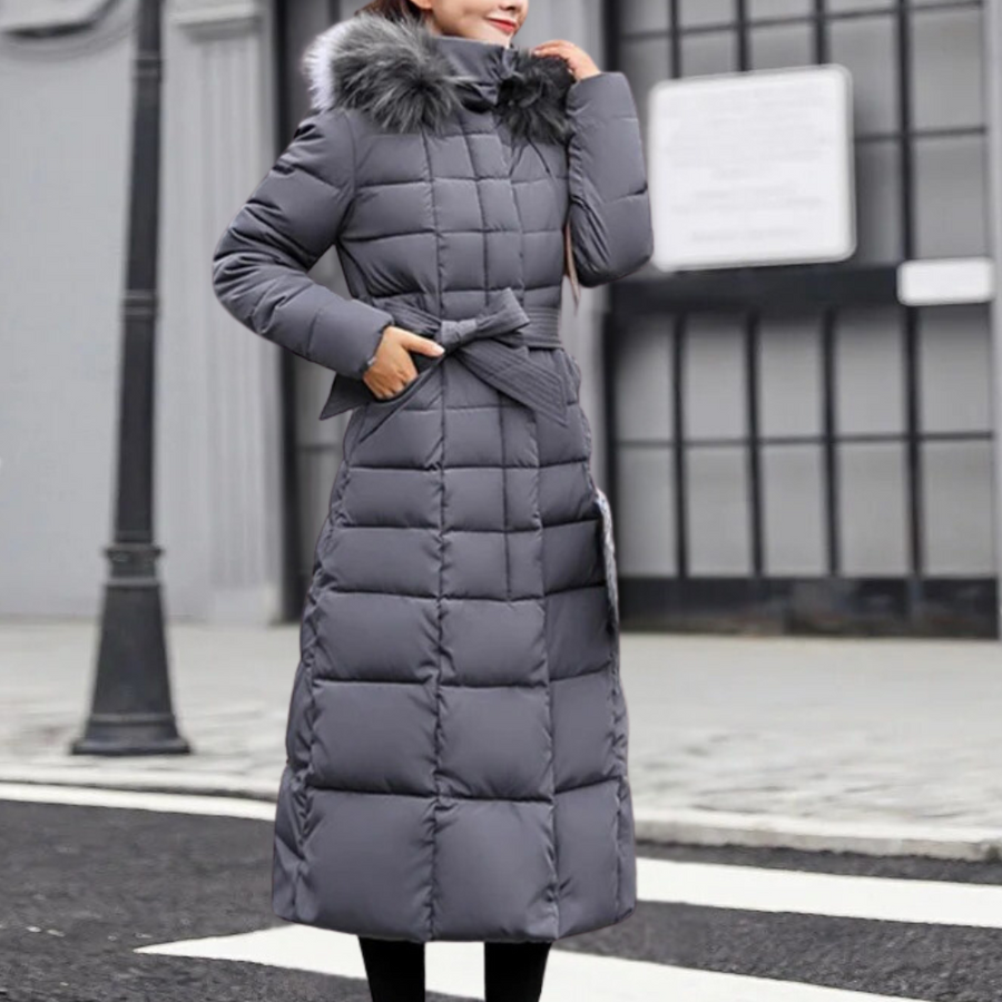 Women's warm long jacket with hood and modern design