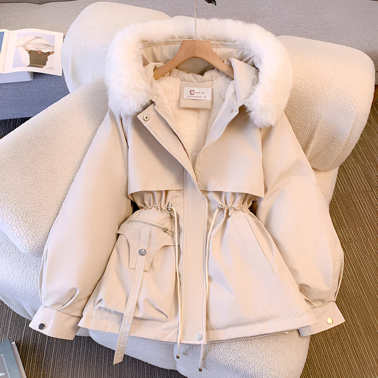 Elegant winter coat with deep hood for stylish women
